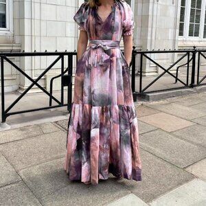 Anna Mason Multicolored Bardot Tie-Detailed Linen Maxi Gown.